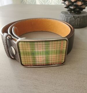 Brown Leather Belt with Plaid Glass Belt Buckle Sz.36 Italian Unisex